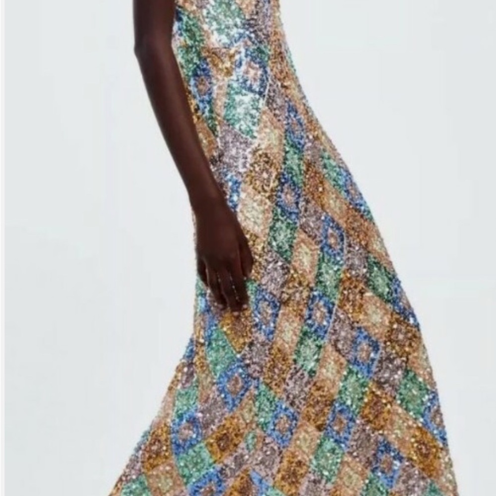 Zara Multicolored Sequin Diamond-Pattern Maxi Dress